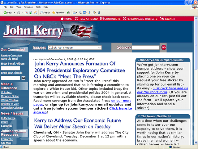 John Kerry 2004 Website, December 1, 2002