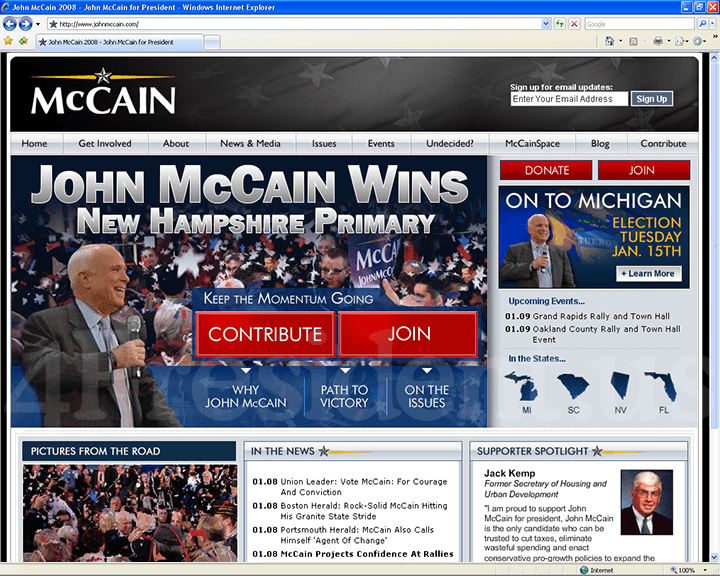 John McCain 2008 Website, January 8, 2008