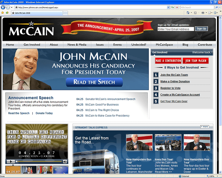 John McCain 2008 Website, April 25, 2007
