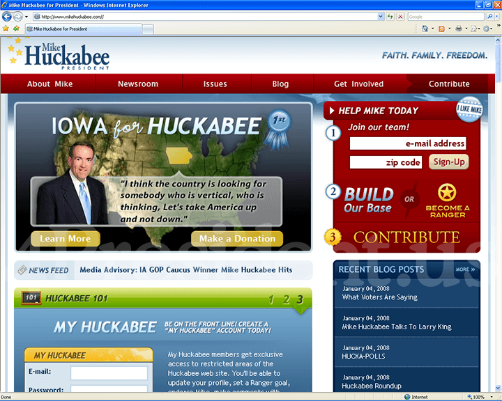 Mike Huckabee 2008 Website, January 4, 2008