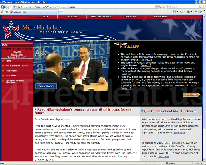 Mike Huckabee 2008 Website, January 28, 2007