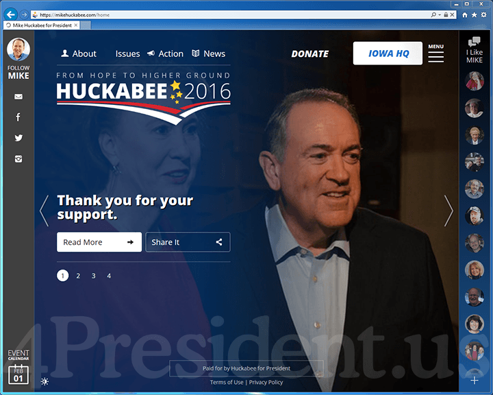 Mike Huckabee 2016 Website, February 1, 2016