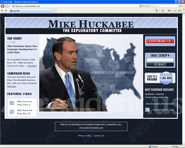 Mike Huckabee 2008 Website, February 16, 2007