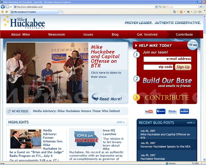 Mike Huckabee 2008 Website, July 10, 2007