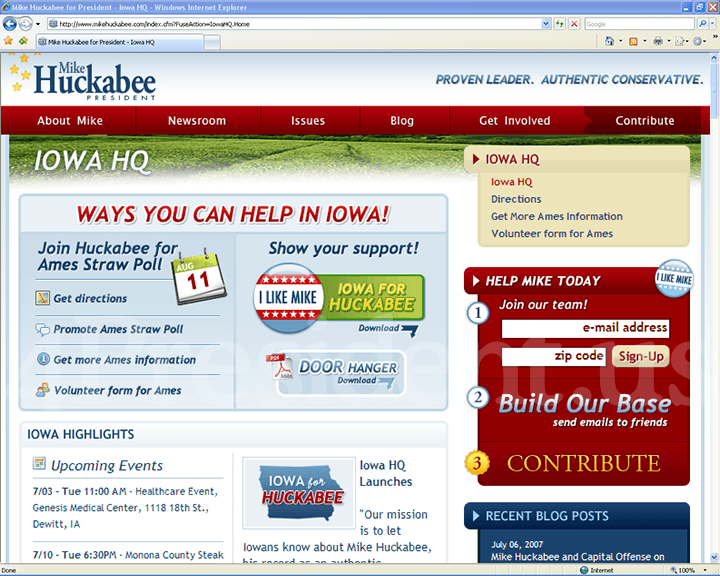 Mike Huckabee 2008 Website, July 10, 2007