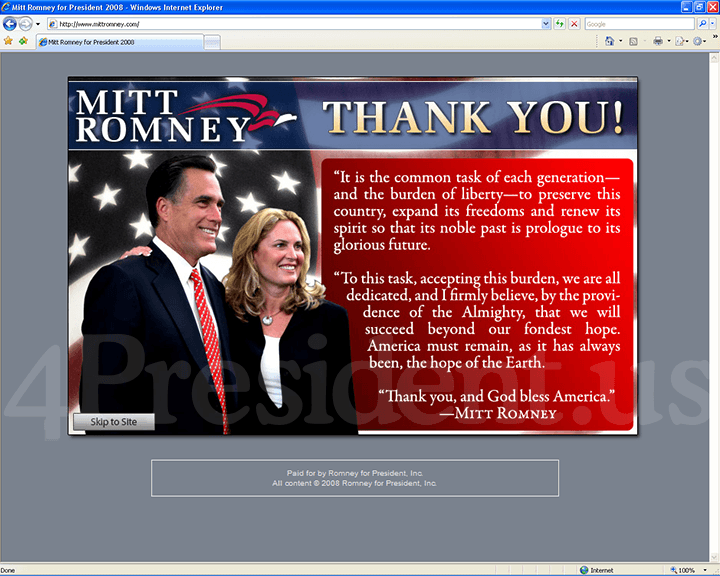Mitt Romney 2008 Website, February 7, 2008