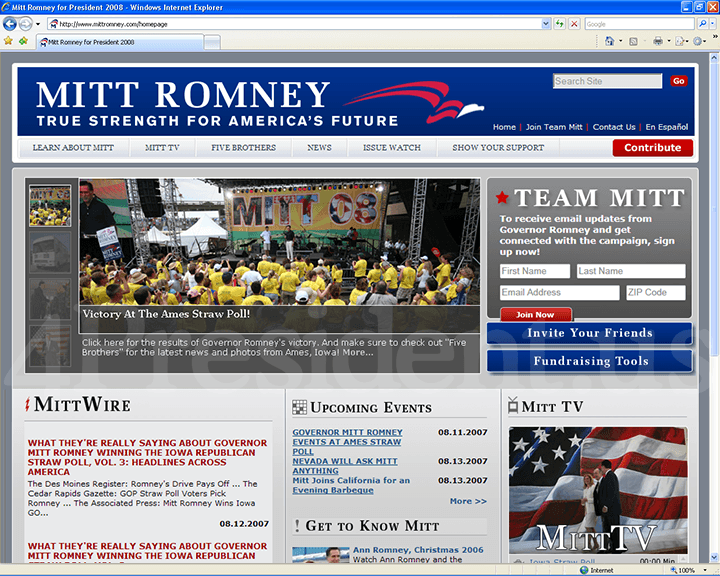 Mitt Romney 2008 Website, August 12 2007