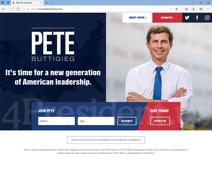 Pete Buttigieg 2020 Website, January 23, 2019