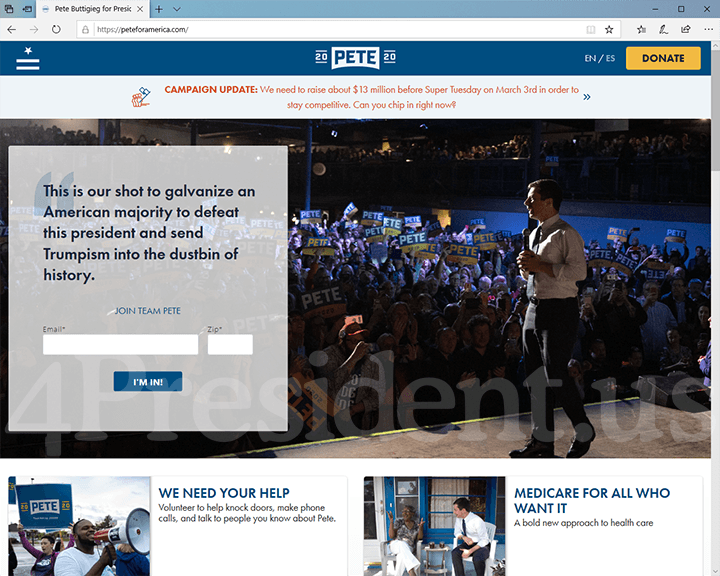 Pete Buttigieg 2020 Website, March 1, 2020