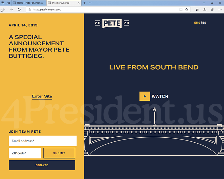 Pete Buttigieg 2020 Website, April 14, 2019