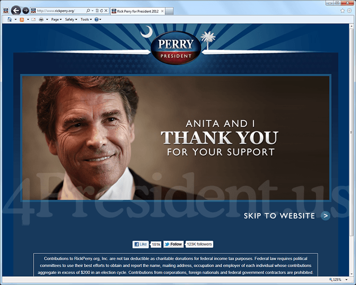 Rick Perry 2012 Website, January 19, 2012