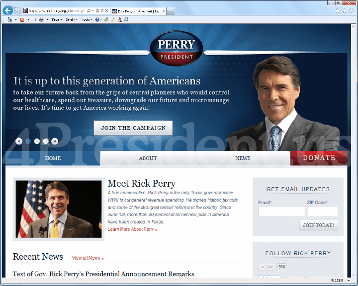 Rick Perry 2012 Website, August 13, 2011