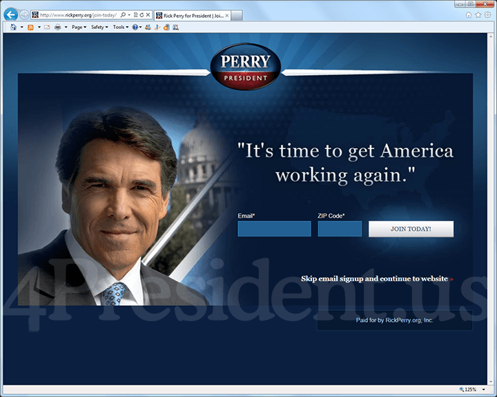 Rick Perry 2012 Website, August 13, 2011