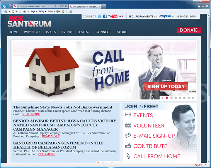 Rick Santorum 2012 Website, January 30, 2012