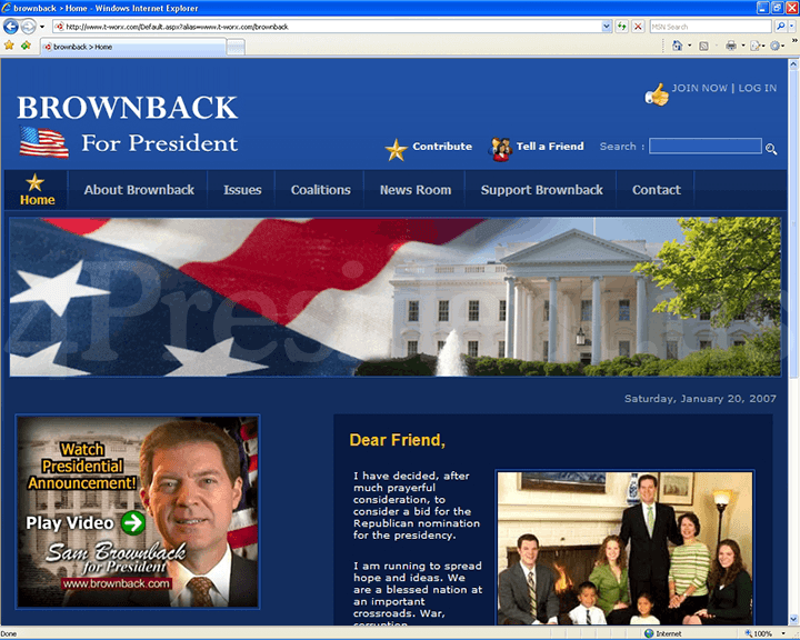 Sam Brownback 2008 Website, January 20, 2007