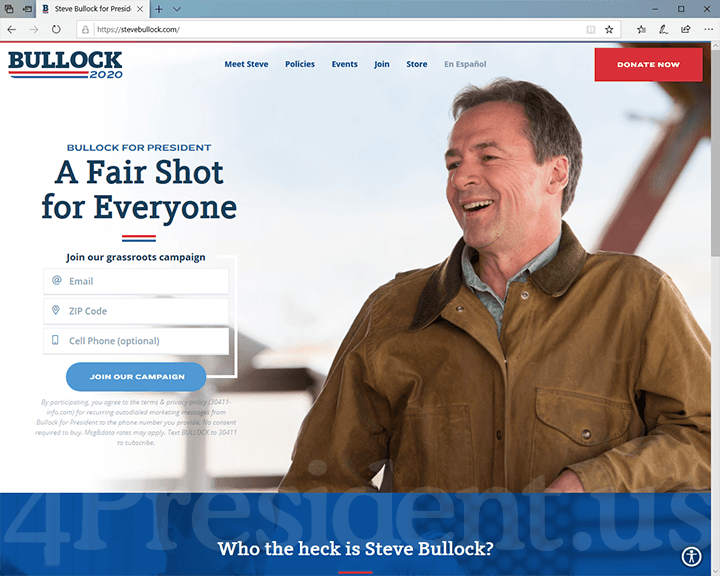 Steve Bullock 2020 Website, December 2, 2019