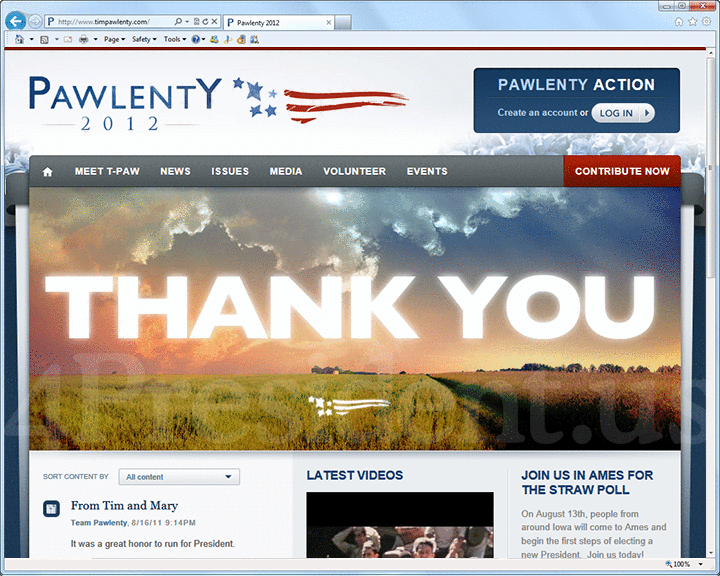 Tim Pawlenty 2012 Website, August 18, 2011