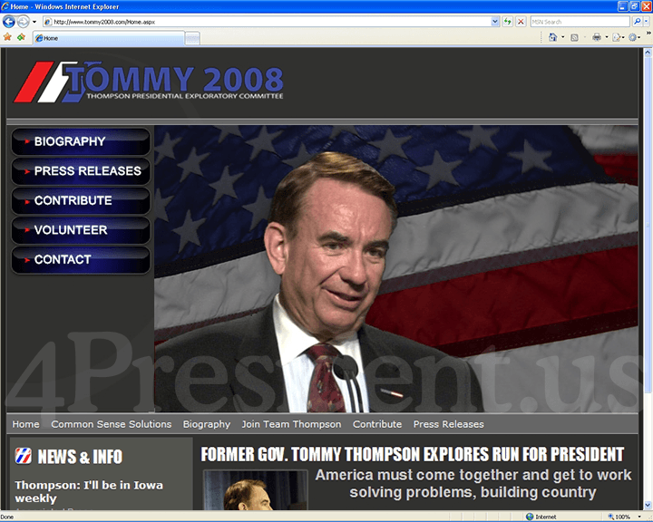 Tommy Thompson 2008 Website, January 4, 2007
