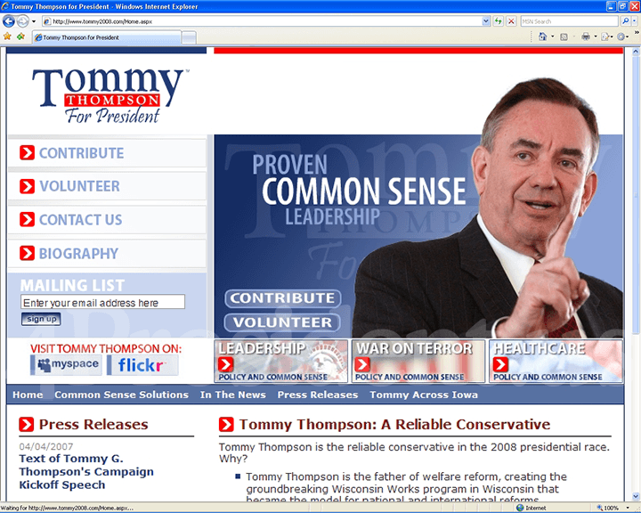 Tommy Thompson 2008 Website, April 4, 2007