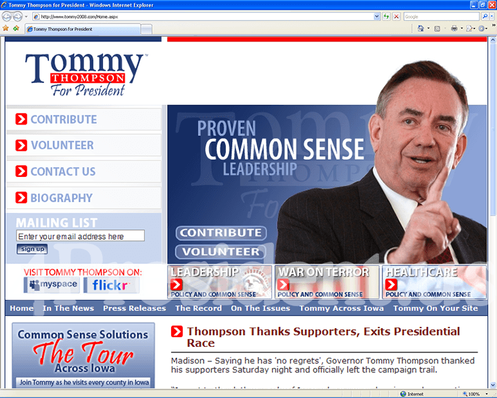 Tommy Thompson 2008 Website, August 12, 2007