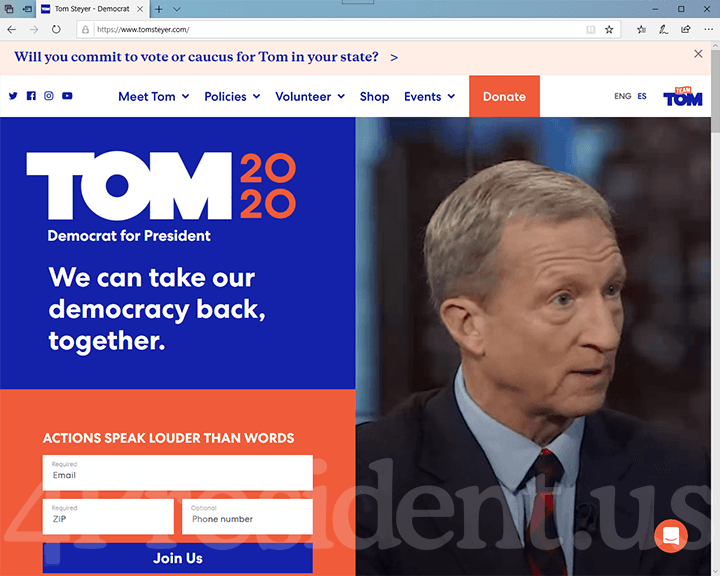 Tom Steyer 2020 Website, February 29, 2020
