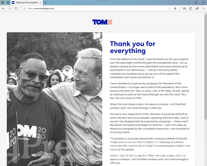 Tom Steyer 2020 Website, February 29, 2020