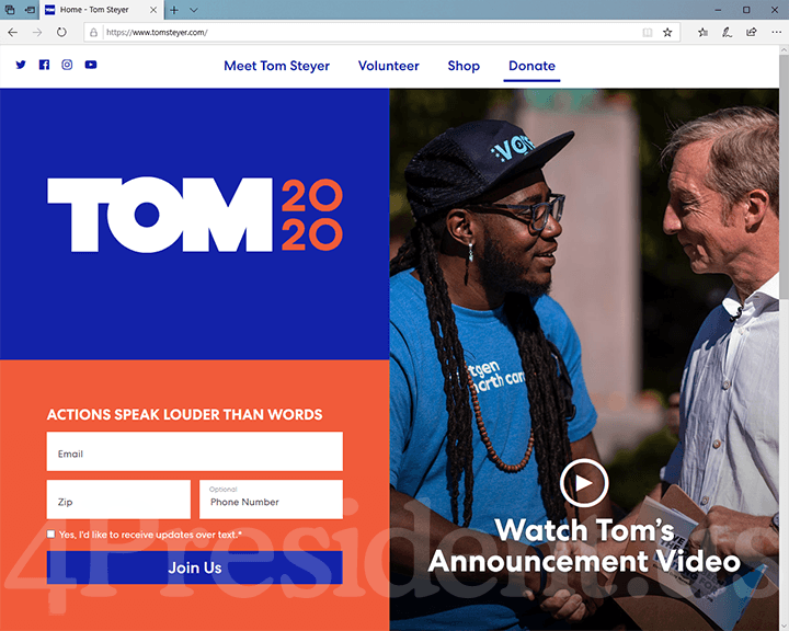 Tom Steyer 2020 Website, July 9, 2019
