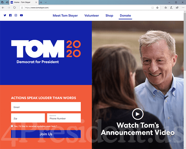 Tom Steyer 2020 Website, July 10, 2019