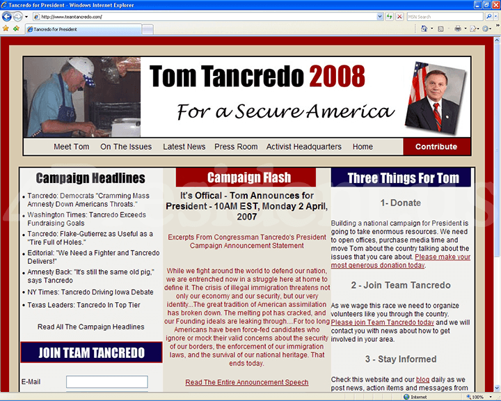 Tom Tancredo 2008 Website, April 2, 2007