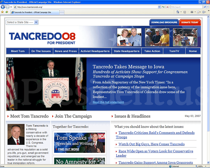 Tom Tancredo 2008 Website, May 3, 2007