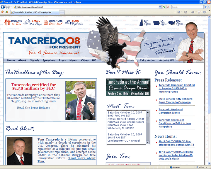 Tom Tancredo 2008 Website, October 19, 2007
