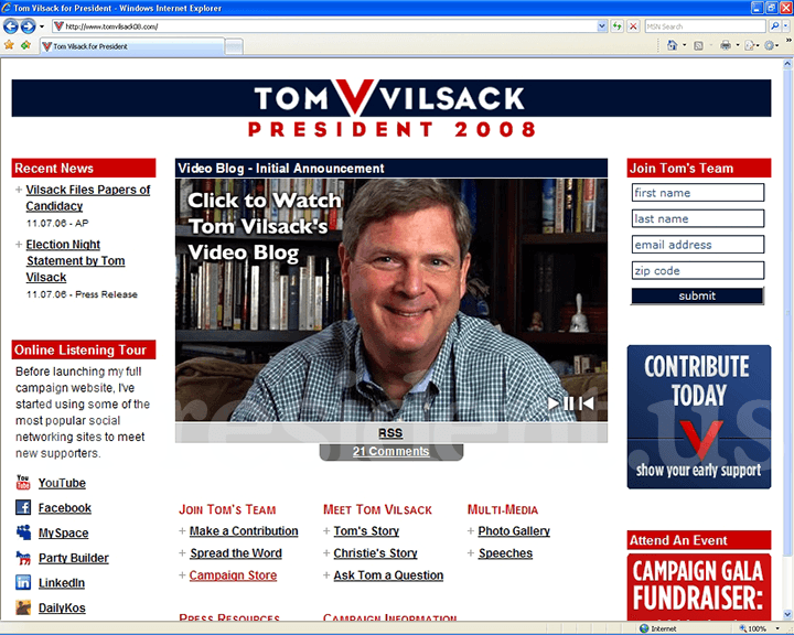 Tom Vilsack 2008 Website, November 9, 2006