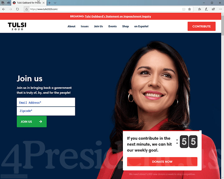 Tulsi Gabbard 2020 Website, September 30, 2019