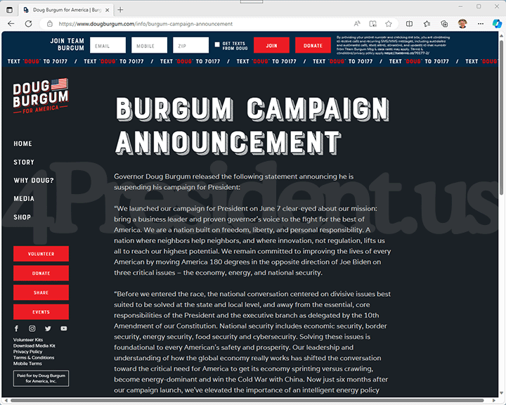 Doug Burgum 2024 Website, December 4, 2023