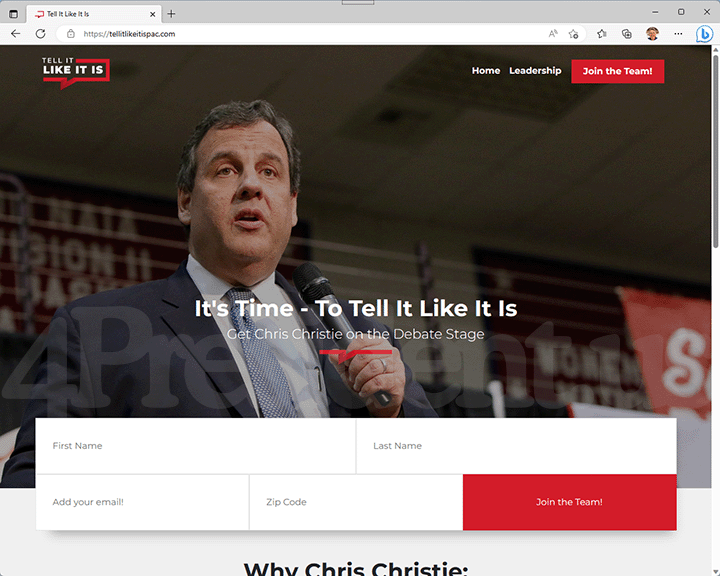 Chris Christie Tell It Like It Is 2016 Website, January 26, 2015